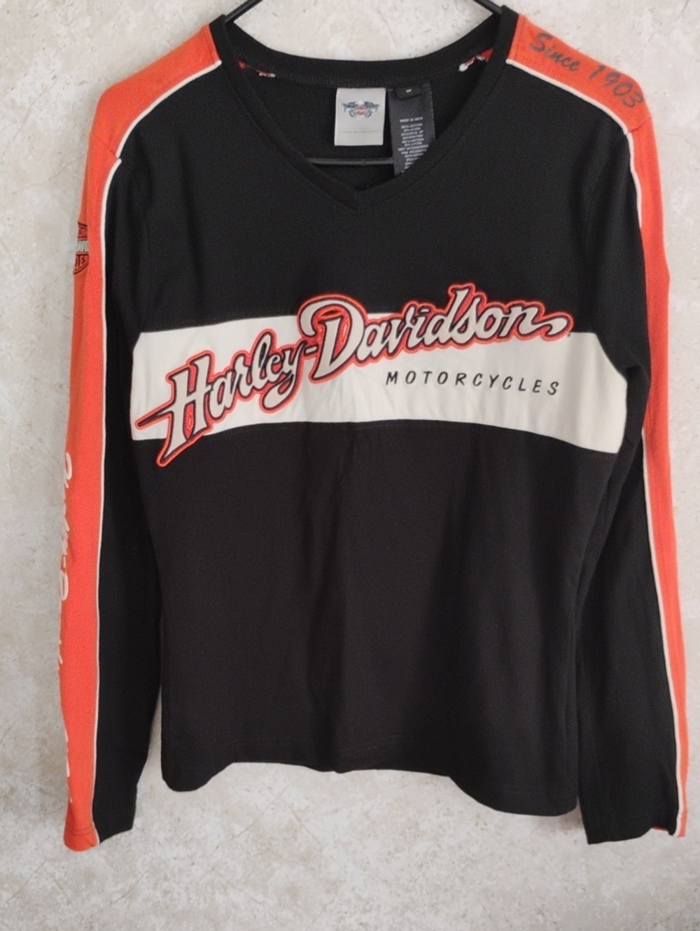 WomensHarley-Davidson Black, Orange & White V-Neck Long Sleeve Top/ Size M